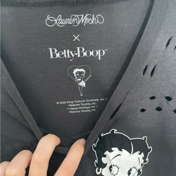 Lauren Moshi Black Tee with White Cartoon Graphic Betty Boop Distressed XS - Picture 2 of 6